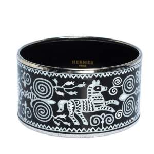 Pre Owned Hermes Black and White Enamel Palladium Plated Extra Wide Bangle Bracelet