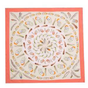 Hermes Coral & Beige Plumes II Print Silk Scarf