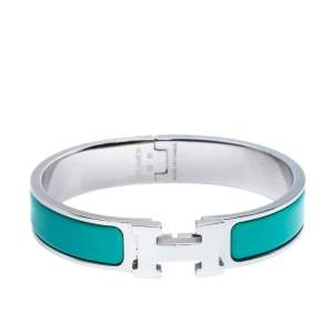 Pre Owned Hermès Clic H Green Enamel Palladium Plated Narrow Bracelet PM