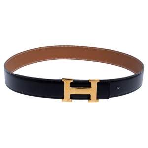 Pre Owned Hermes Black/Brown Leather Constance Reversible Buckle Belt 80CM