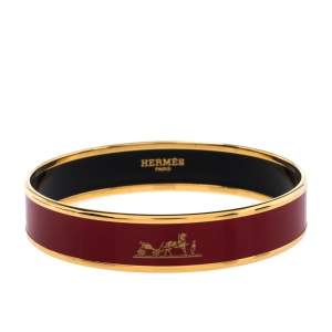 Pre Owned Hermes Caleche Red Enamel Gold Plated Bangle Bracelet