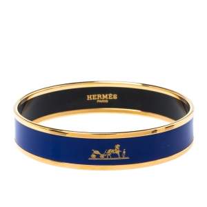 Pre Owned Hermes Caleche Blue Enamel Gold Plated Narrow Bangle Bracelet