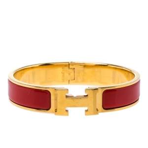 Pre Owned Hermes Clic H Red Enamel Gold Plated Narrow Bracelet PM