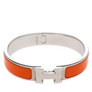 Pre Owned Hermes Clic H Orange Enamel Palladium Plated Narrow Bracelet PM