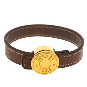 Pre Owned Hermes Brown Leather Looping Gold Plated Bracelet M