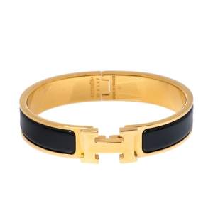 Pre Owned Hermes Clic H Black Enamel Gold Plated Narrow Bracelet PM