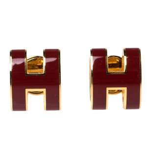 Pre Owned Hermes Pop H Red Lacquered Gold Plated Stud Earrings