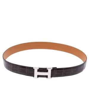 Pre Owned Hermes Dark Brown Crocodile Constance H Buckle Belt 90CM