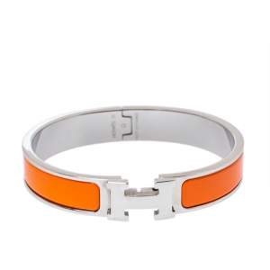 Pre Owned Hermes Clic H Orange Enamel Palladium Plated Narrow Bracelet GM