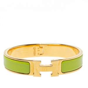 Pre Owned Hermès Clic H Lime Green Enamel Gold Plated Narrow Bracelet PM