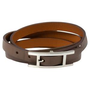 Pre Owned Hermès Taupe Leather Hapi Quad Tour Wrap Bracelet M