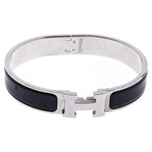 Pre Owned Hermès Clic H Black Enamel Palladium Plated Narrow Bracelet GM