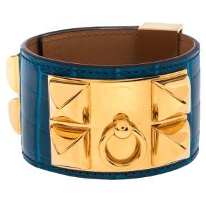 Pre Owned Hermès Blue Alligator Leather Collier de Chien Cuff Bracelet S