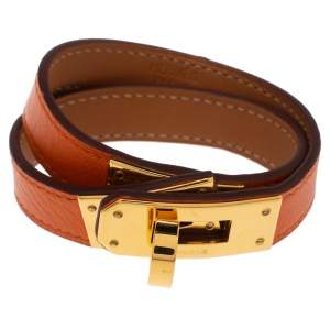 Pre Owned Hermes Kelly Double Tour Orange Leather Gold Plated Wrap Bracelet XS