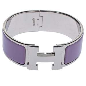 Pre Owned Hermès Clic Clac H Lavender Enamel Palladium Plated Wide Bracelet PM