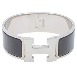Hermès Clic Clac H Black Enamel Palladium Plated Wide Bracelet PM
