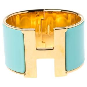 Pre Owned Hermès Clic Clac H Mint Green Enamel Gold Plated Extra Wide Bracelet PM