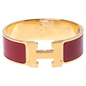 Pre Owned Hermes Clic Clac H Rouge Enamel Gold Plated Wide Bracelet GM