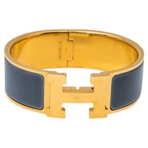 Pre Owned Hermès Clic Clac H Grey Enamel Gold Plated Wide Bracelet PM
