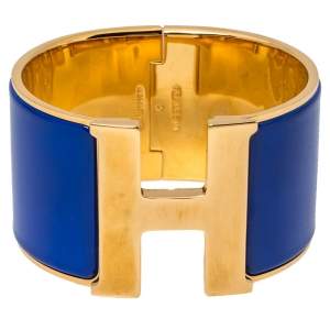Pre Owned Hermès Clic Clac H Blue Enamel Gold Plated Wide Bracelet PM