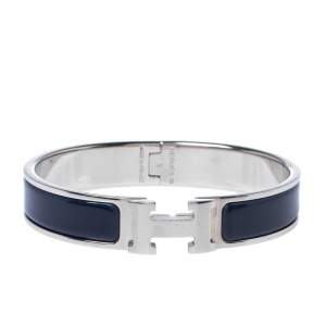 Pre Owned Hermes Clic H Blue Enamel Palladium Plated Narrow Bracelet GM