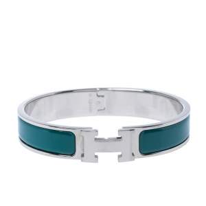 Pre Owned Hermes Clic H Green Enamel Palladium Plated Narrow Bracelet GM