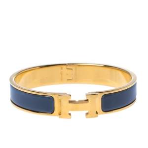 Hermes Clic H Grey Enamel Gold Plated Narrow Bracelet GM
