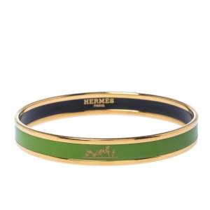 Pre Owned Hermès Calèche Green Enamel Gold Plated Narrow Bangle Bracelet