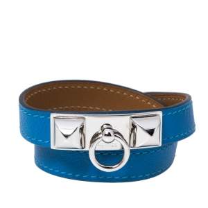 Pre Owned Hermes Rivale Blue Leather Palladium Plated Double Tour Bracelet XS