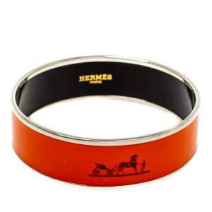Pre Owned Hermès Orange Enamel Calèche Wide Bangle Bracelet