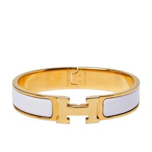 Pre Owned Hermès Clic H Craie Enamel Gold Plated Narrow Bracelet PM