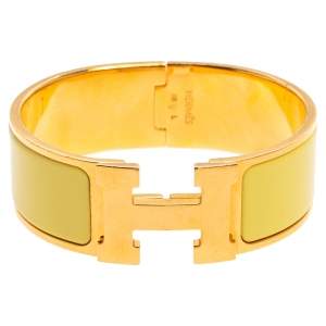 Pre Owned Hermes Clic Clac H Yellow Enamel Gold Plated Wide Bracelet PM