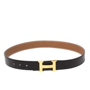 Pre Owned Hermes Noir/Gold Blue Swift and Togo Leather H Buckle Belt Size 85CM