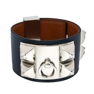 Pre Owned Hermes Collier De Chien Graphite Leather Palladium Plated Cuff Bracelet S