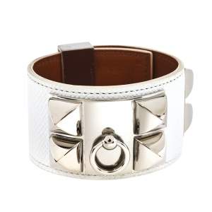 Pre Owned Hermes Collier De Chien Epsom Leather Palladium Plated Cuff Bracelet S