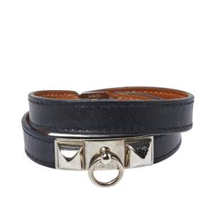 Pre Owned Hermes Rivale Double Tour Black Leather Palladium Hardware Bracelet S