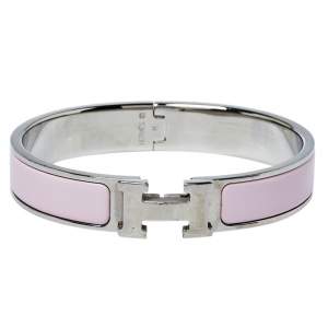 Pre Owned Hermès Clic H Rose Cassata Enamel Palladium Plated Narrow Bracelet PM