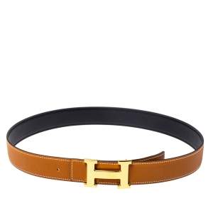 Pre Owned Hermes Gold/Black Togo and Swift Leather Constance Reversible Belt 95CM