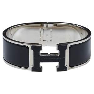 Pre Owned Hermès Clic Clac H Black Enamel Palladium Plated Wide Bracelet GM