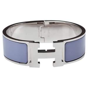 Pre Owned Hermès Clic Clac H Grey Enamel Palladium Plated Wide Bracelet GM