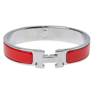 Pre Owned Hermès Clic H Coral Red Enamel Palladium Plated Narrow Bracelet PM