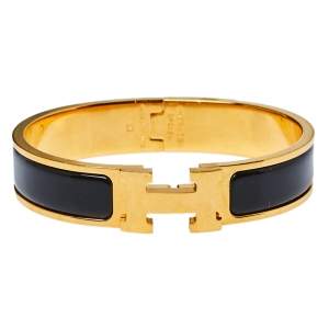 Pre Owned Hermès Clic H Black Enamel Gold Plated Narrow Bracelet PM