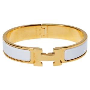 Pre Owned Hermès Clic H White Enamel Gold Plated Narrow Bracelet PM