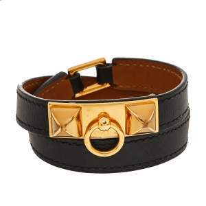 Pre Owned Hermes Rivale Black Leather Gold Plated Double Tour Bracelet S
