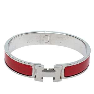 Pre Owned Hermès Clic H Red Enamel Palladium Plated Narrow Bracelet PM 