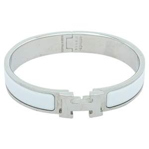 Pre Owned Hermès Clic H Blanc Enamel Palladium Plated Narrow Bracelet PM 