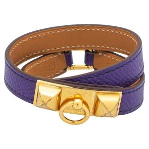 Pre Owned Hermès Purple Leather Gold Plated Rivale Double-Tour Bracelet S