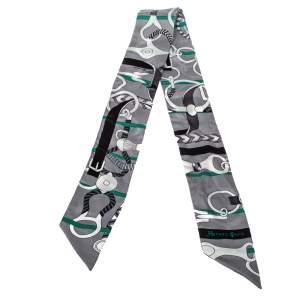 Pre Owned Hermes Grey Panoplie Equestre Silk Twilly