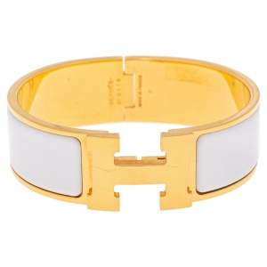Pre Owned Hermès Clic Clac H White Enamel Gold Plated Wide Bracelet PM 