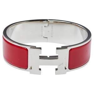 Pre Owned Hermès Clic Clac H Red Enamel Palladium Plated Wide Bracelet PM 